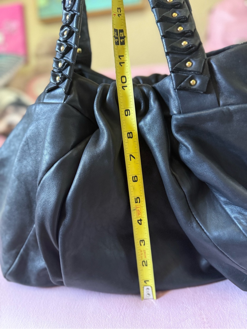 Authentic Diane Von Furstenburg SOFT Blk Leather Hobo Stud-Detail Origami Straps - Picture 10 of 16